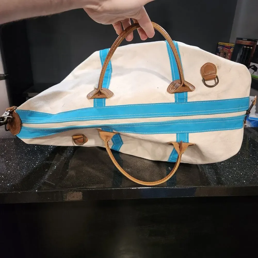 VTG LL Bean Boat & Tote Leather Handles Canvas Weekender Duffle Zip Strap Bag XL